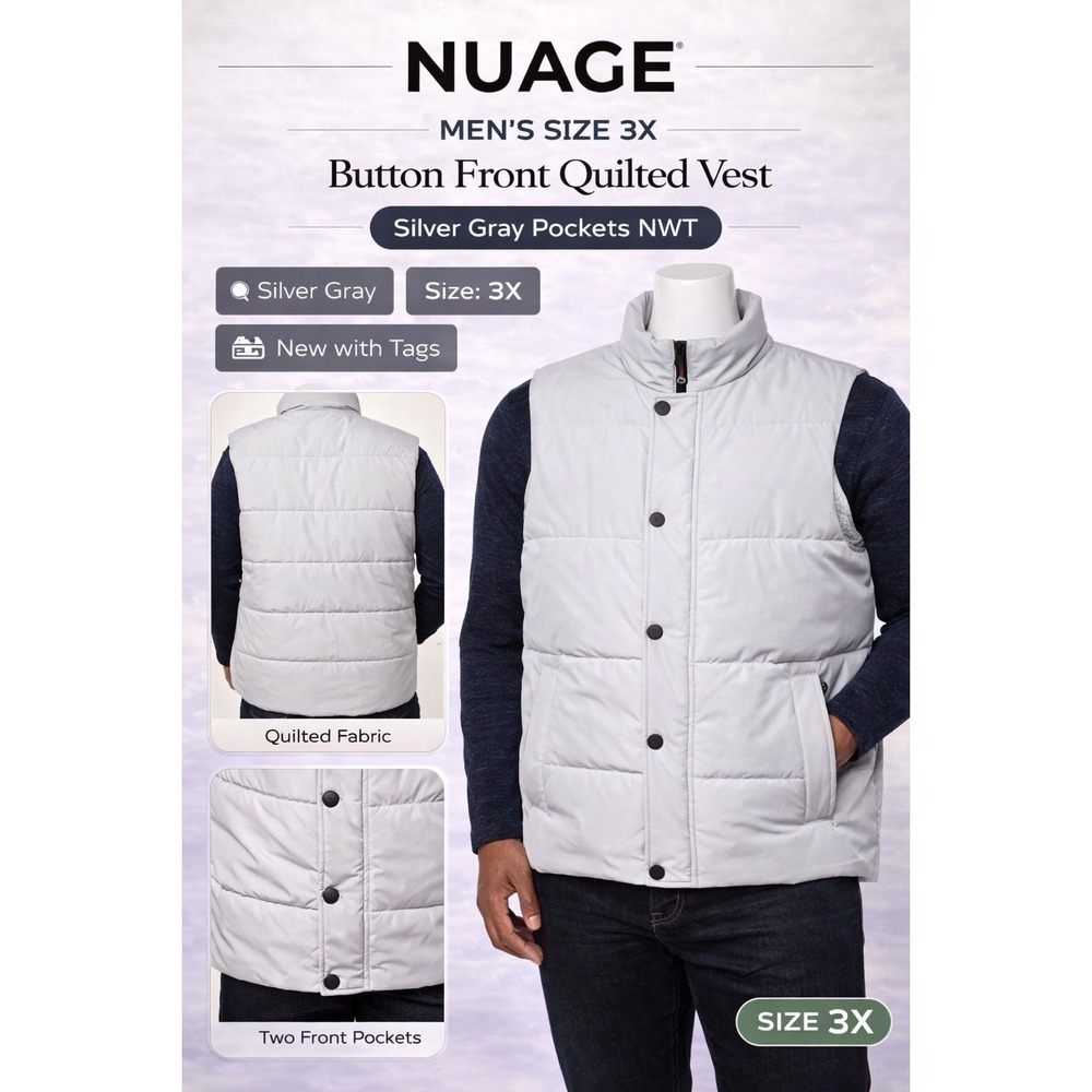 Nuage Mens 3X Button Front Quilted Vest Silver‎ Gray Pockets NWT A663136/86